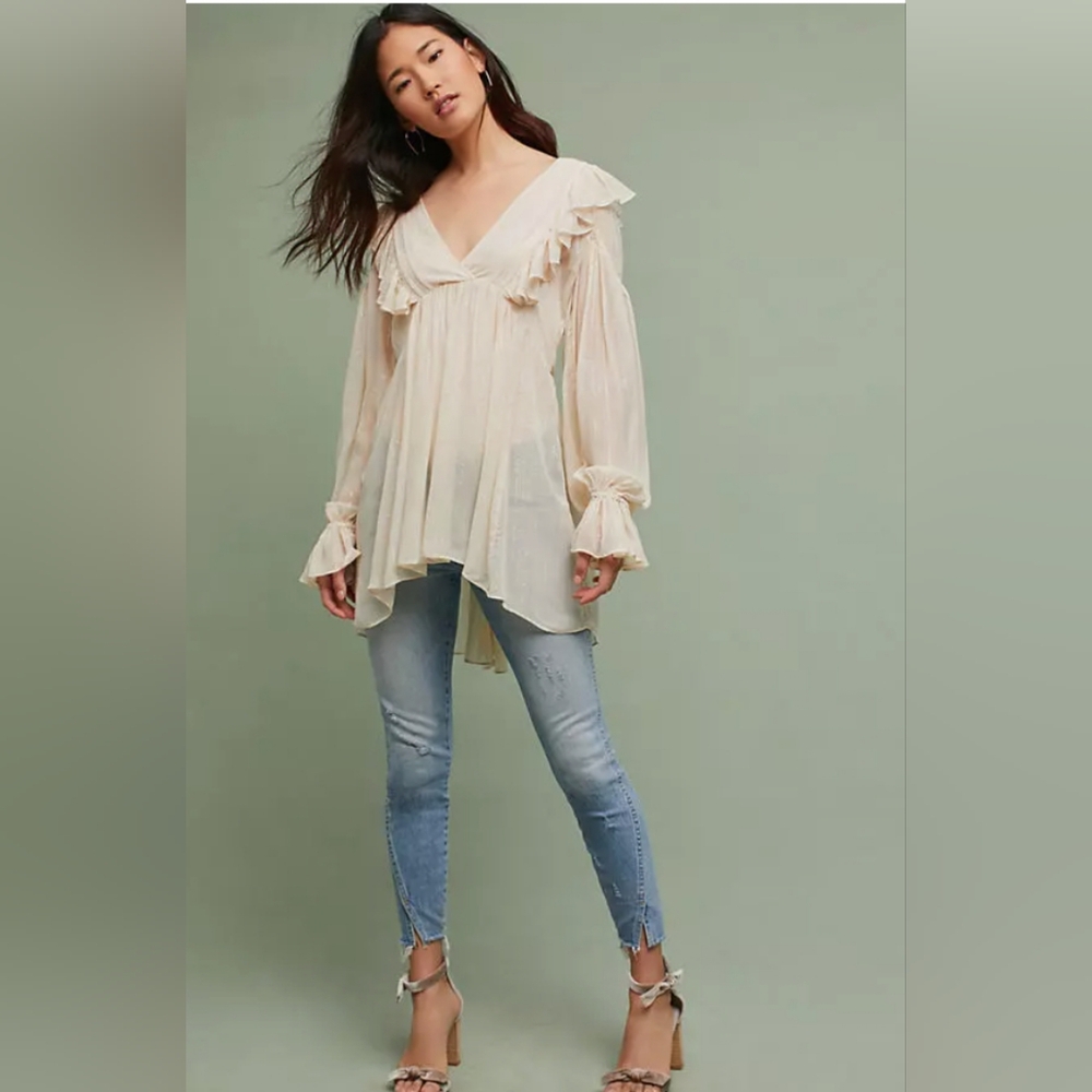 Anthropologie Maeve Wynn Sheer Ivory Metallic Striped Womens Flowy Tunic Top